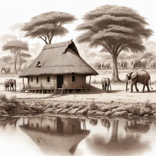 Prompt: brown pencil drawing of an african hut on a river with elephants walking towards the hut. it should have a transparent background