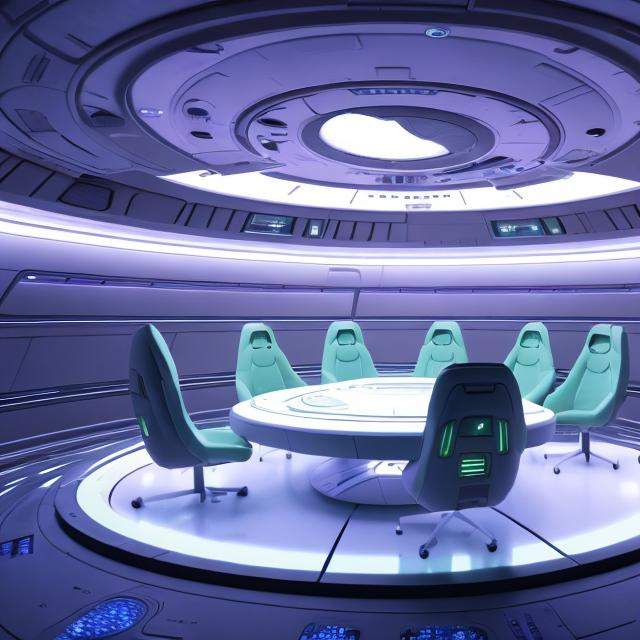 Prompt: alien starship futuristc high tech woman astronaut meeting room starship