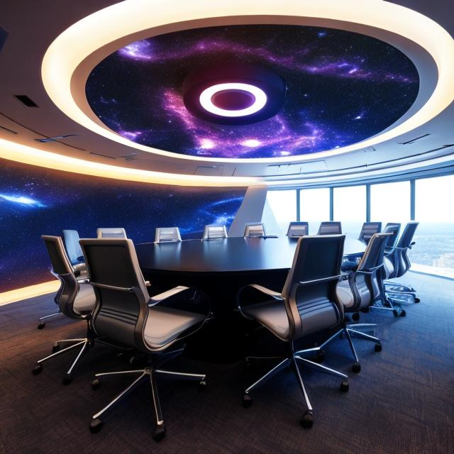 Prompt: meeting room starship futuristic galaxy alien  cosmonaut