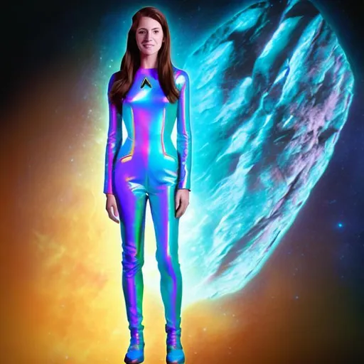 Prompt: woman startrek suit holographic image