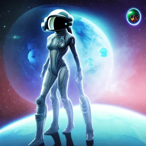 Prompt: alien starship futuristc high tech woman astronaut