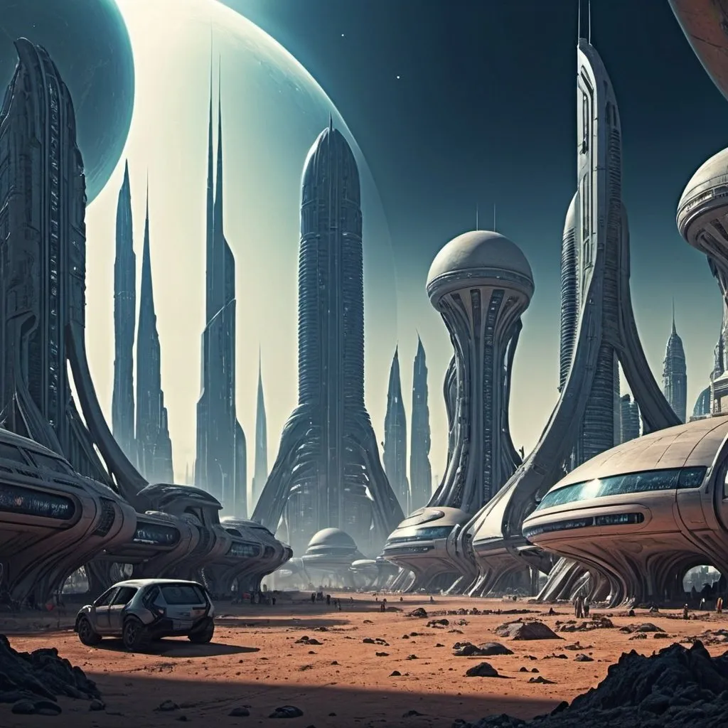 Prompt: Futuristic city on alien planet