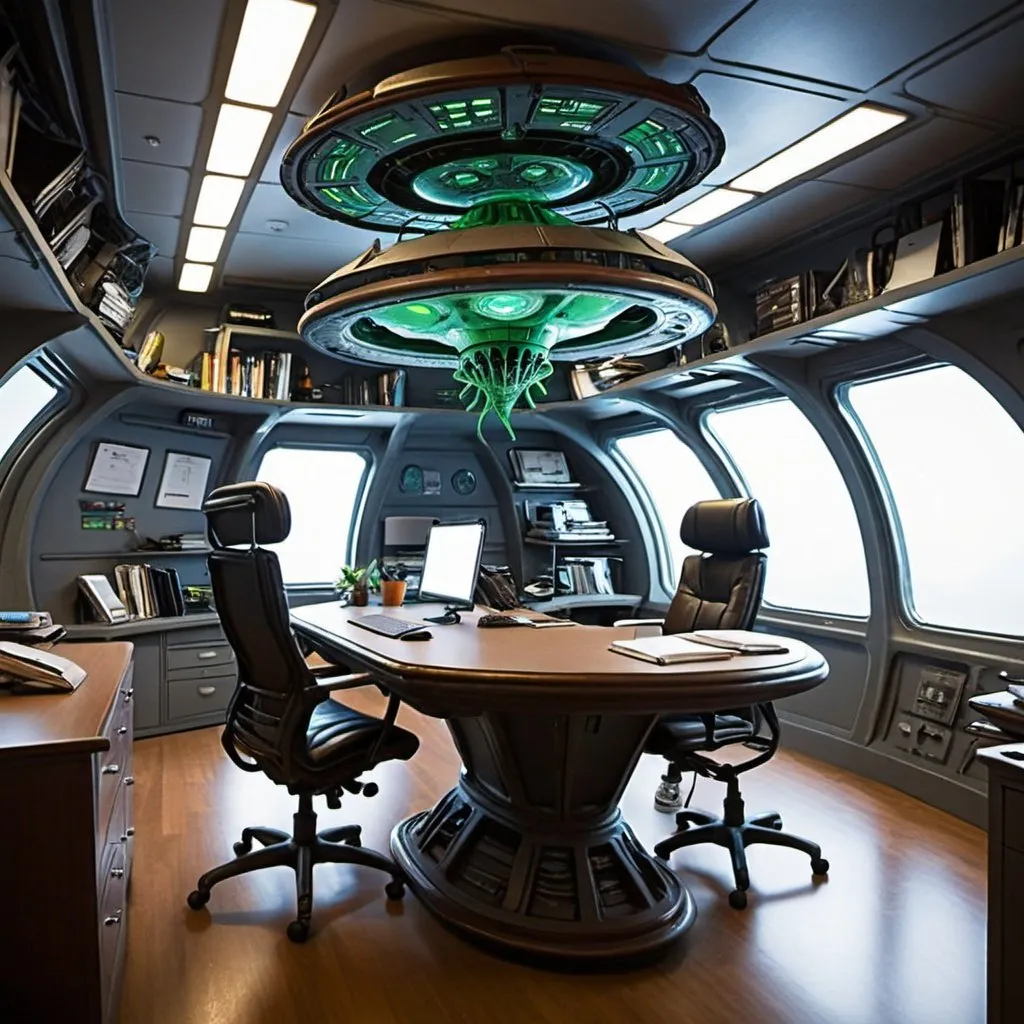 Prompt: alien desk office ship