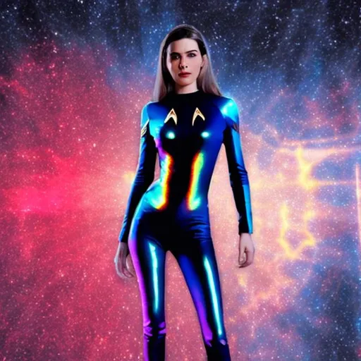 Prompt: woman startrek suit holographic image