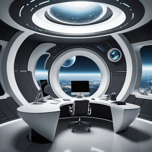 Prompt: futuristic desk office planet