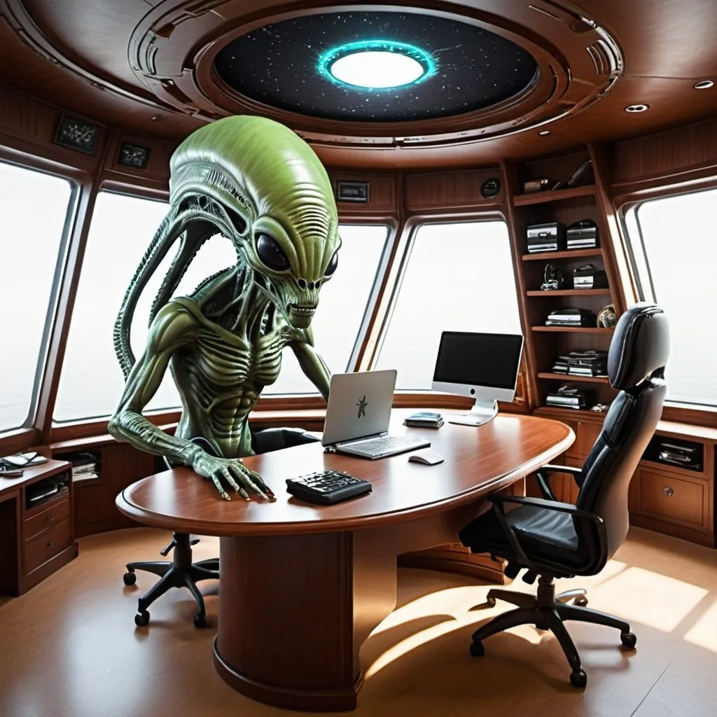 Prompt: alien desk office ship