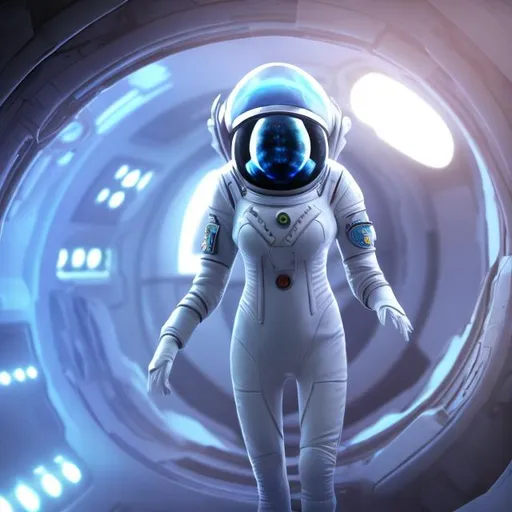 Prompt: slodier alien ship futuristc high tech interior cosmonaut woman 