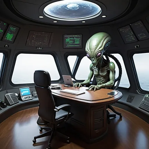 Prompt: alien desk office ship