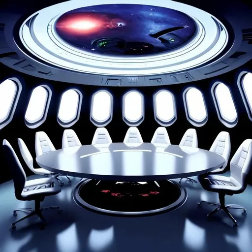 Prompt: alien starship futuristc high tech woman astronaut meeting room starship