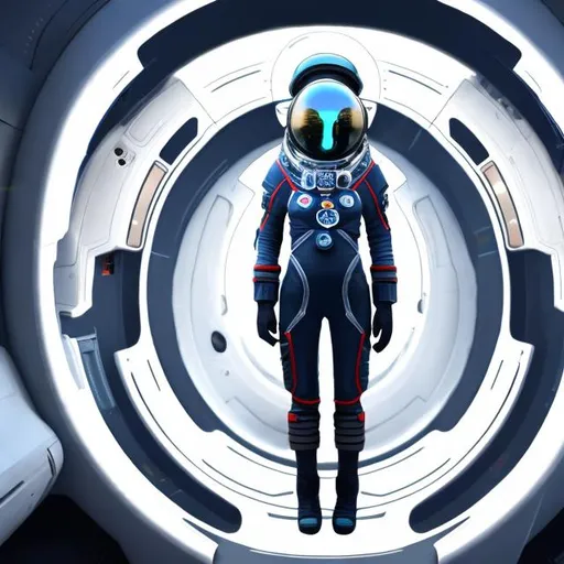 Prompt: slodier alien ship futuristc high tech interior cosmonaut woman 