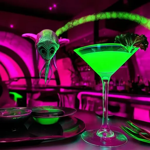 Prompt: alien cocktail restaurant food coloured
