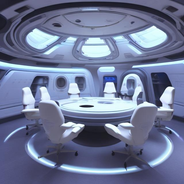 Prompt: alien starship futuristc high tech woman astronaut meeting room starship