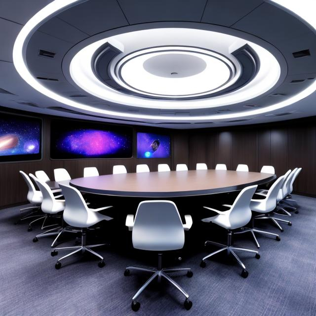 Prompt: meeting room starship futuristic galaxy alien  cosmonaut