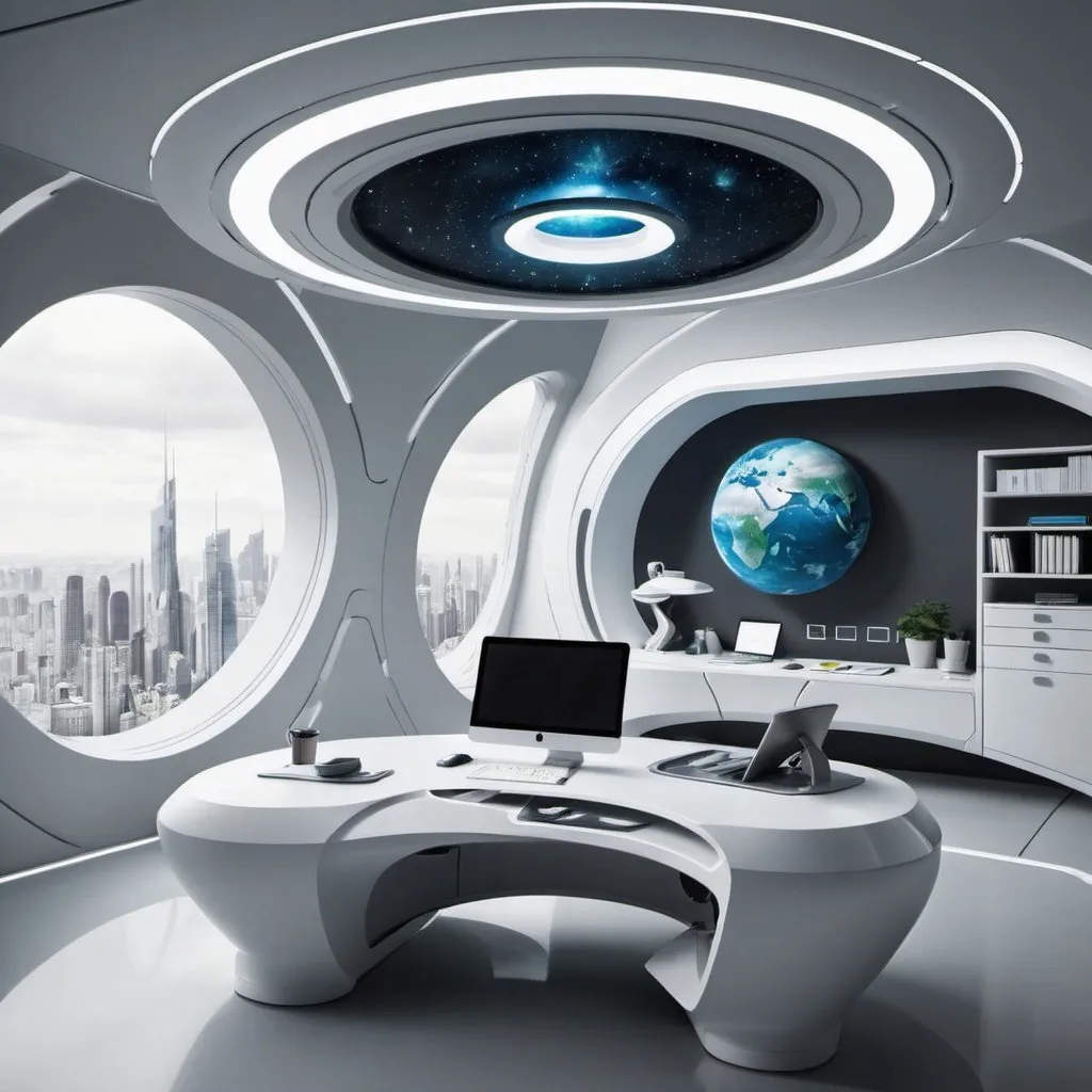 Prompt: futuristic desk office planet