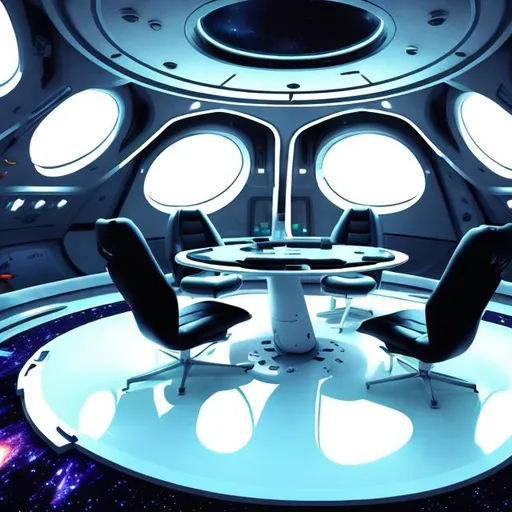 Prompt: alien starship futuristc high tech woman astronaut meeting room starship