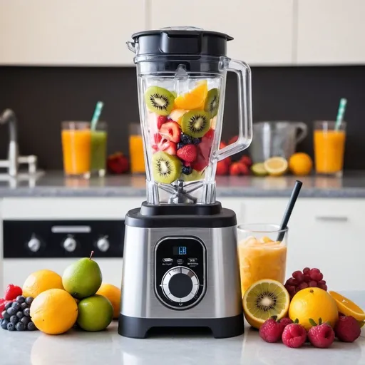 Prompt: home blender with ice and fruits