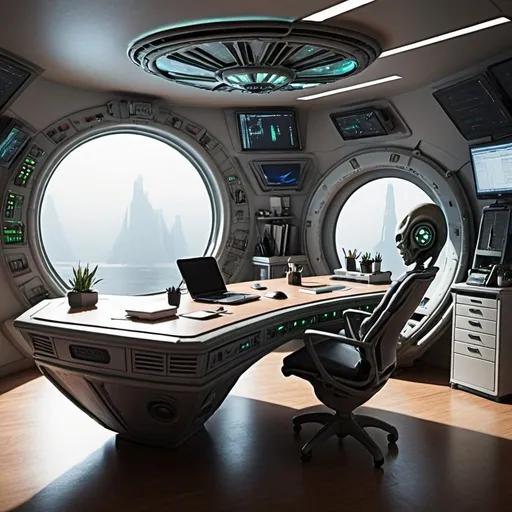 Prompt: alien desk office ship