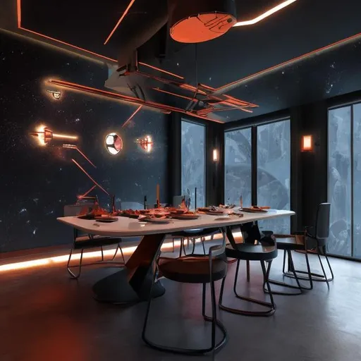 Prompt: spaceinterior design soldier sci fi futuristic interior dining room