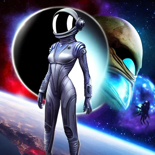 Prompt: alien starship futuristc high tech woman astronaut