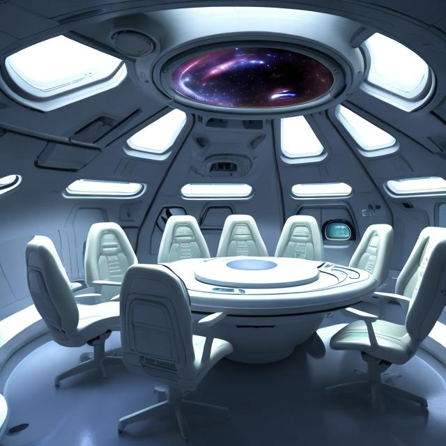 Prompt: alien starship futuristc high tech woman astronaut meeting room starship