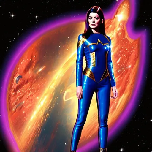 Prompt: woman startrek suit holographic image