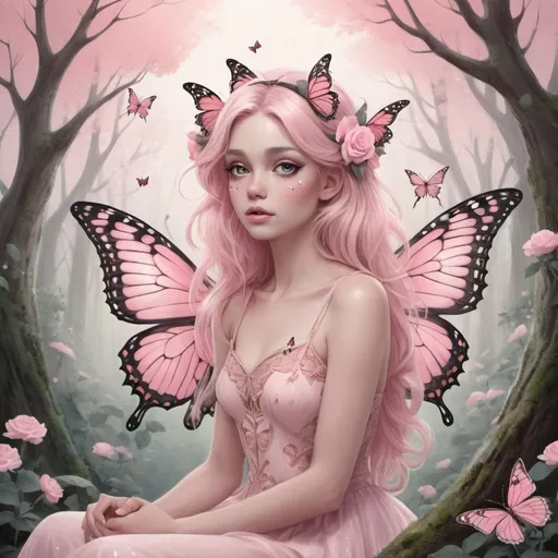 Prompt: (lineart:1.1), (soft shading:1.3), pastel colors, limited-palette (predominantly pink:2.0), (female:1.0), adult (fairy:1.2), solo, (full body:0.6), detailed background, detailed face, (butterfly wings:2.0), (fantasy theme:1.1), (butterfly motif:1.6), (mouth closed:0.7), serene expression, [light attire:flower material:1.5], adorned in flowers, petal details, (butterfly landing:0.8), (floating butterflies:1.7),
rose quartz gemstone, (tree with blooming pink flowers:1.8), (sparkling magic:0.9), whimsical aura, (fairy forest in background:1.3), (style-pastelgoth:0.7), dreamy atmosphere.
