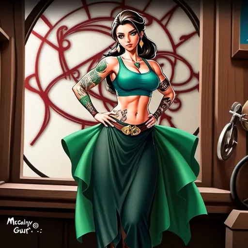 Prompt: a cartoon of a woman in a green outfit with a tattoo on her arm and a green skirt on her waist, Ella Guru, fantasy art, muscular, a comic book panel