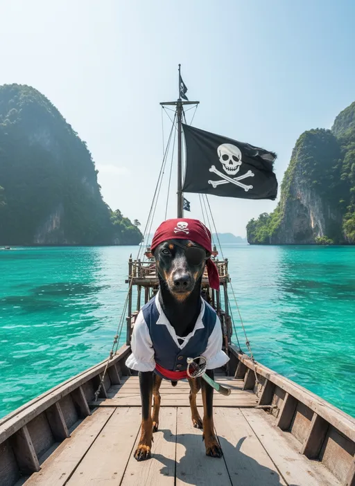 Prompt: “My dog as a pirate sailing the turquoise waters of Thailand”
