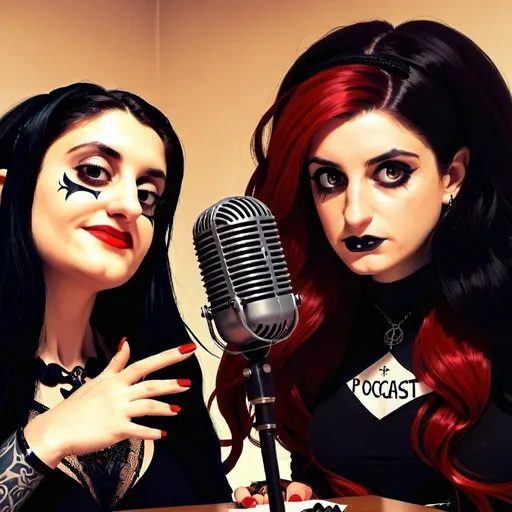 Prompt: Two gothic woman making podcast.