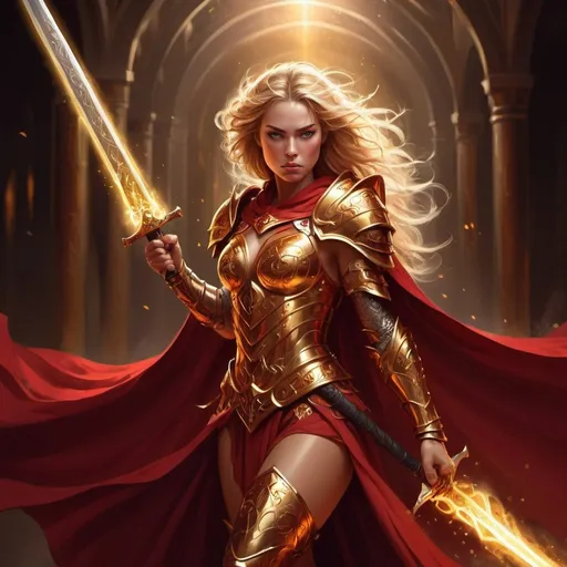 Prompt: Detailed digital painting of a powerful warrior princess, golden armor, flowing crimson cape, fierce expression, intricate sword with glowing runes, dynamic pose, high quality, fantasy, dramatic lighting, regal atmosphere