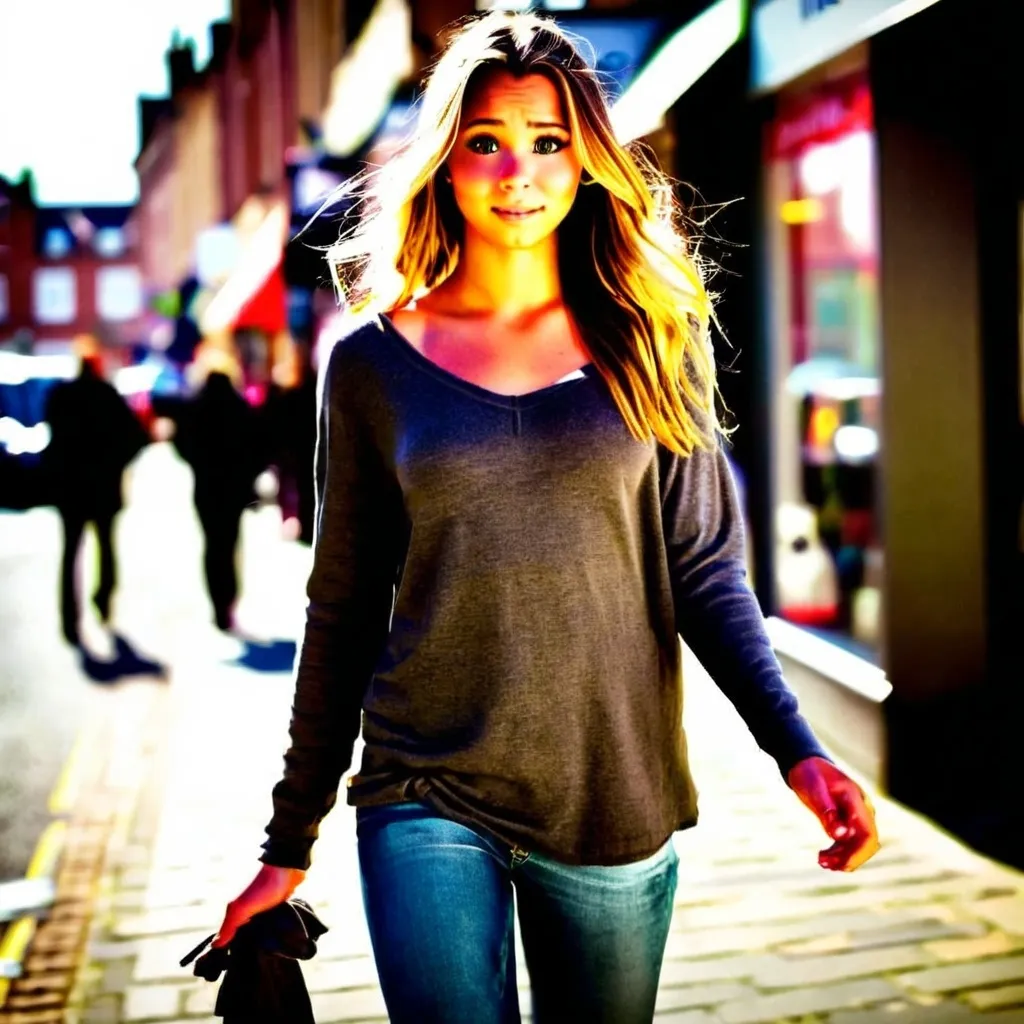 Prompt: Tall young woman walking down the high street, detailed clothing, realistic, natural lighting