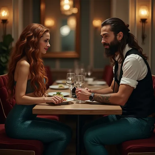 Prompt: GENERA UNA IMAGEN EN COLORES OPACOS DE CÁMARA FOTOGRÁFICA HIPERREALISTA DE UNA SIRENA DE PELO LARGO ONDEADO, COBRIZO Y COLA DE SIRENA AZUL QUE SE VEA SOBRE EL ASIENTO SENTADA DISCRETAMENTE CENANDO CON UN HOMBRE DE PELO LARGO RECOGIDO Y BARBA MUY APUESTO. LA FOTO DEBE SER MUY REALISTA EN UN PLANO ALGO ALEJADO DE LA MESA Y EL RESTAURANTE DEBE TENER PEQUE;AS LUCES DE FONDO MUY ROMÁNTICO EL AMBIENTE EN TONOS CÁLIDOS Y OPACOS. QUE LA FOTOGRAFÍA NO SEA TOMADA TAN DE CERCA SINO MÁS BIEN ALEJADA UNOS 3 METROS DE LA MESA 