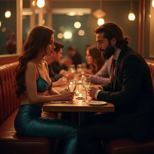 Prompt: GENERA UNA IMAGEN EN COLORES OPACOS DE CÁMARA FOTOGRÁFICA HIPERREALISTA DE UNA SIRENA DE PELO LARGO ONDEADO, COBRIZO Y COLA DE SIRENA AZUL QUE SE VEA SOBRE EL ASIENTO SENTADA DISCRETAMENTE CENANDO CON UN HOMBRE DE PELO LARGO RECOGIDO Y BARBA MUY APUESTO. LA FOTO DEBE SER MUY REALISTA EN UN PLANO ALGO ALEJADO DE LA MESA Y EL RESTAURANTE DEBE TENER PEQUE;AS LUCES DE FONDO MUY ROMÁNTICO EL AMBIENTE EN TONOS CÁLIDOS Y OPACOS. QUE LA FOTOGRAFÍA NO SEA TOMADA TAN DE CERCA SINO MÁS BIEN ALEJADA UNOS 3 METROS DE LA MESA 