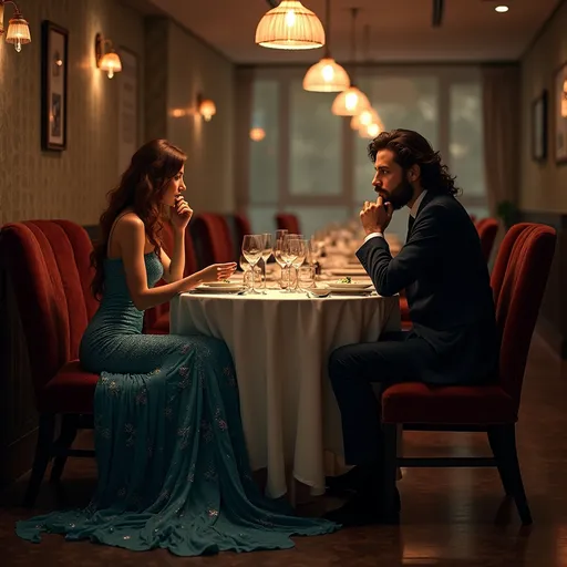 Prompt: GENERA UNA IMAGEN EN COLORES OPACOS DE CÁMARA FOTOGRÁFICA HIPERREALISTA DE UNA SIRENA DE PELO LARGO ONDEADO, COBRIZO Y COLA DE SIRENA AZUL QUE SE VEA SOBRE EL ASIENTO SENTADA DISCRETAMENTE CENANDO CON UN HOMBRE DE PELO LARGO RECOGIDO Y BARBA MUY APUESTO PARECIDO A JAIME OLIAS. LA FOTO DEBE SER MUY REALISTA EN UN PLANO ALGO ALEJADO DE LA MESA Y EL RESTAURANTE DEBE TENER PEQUE;AS LUCES DE FONDO MUY ROMÁNTICO EL AMBIENTE EN TONOS CÁLIDOS Y OPACOS 