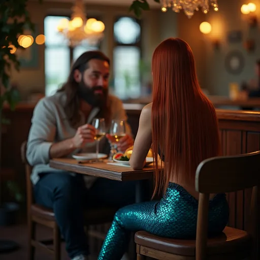 Prompt: GENERA UNA IMAGEN EN COLORES OPACOS DE CÁMARA FOTOGRÁFICA HIPERREALISTA DE UNA SIRENA DE PELO LARGO LACIO, COBRIZO Y COLA DE SIRENA AZUL QUE SE VEA SOBRE EL ASIENTO SENTADA DISCRETAMENTE CENANDO CON UN HOMBRE DE PELO LARGO Y BARBA MUY APUESTO. LA FOTO DEBE SER MUY REALISTA EN UN PLANO ALGO ALEJADO DE LA MESA Y EL RESTAURANTE DEBE TENER PEQUE;AS LUCES DE FONDO MUY ROMÁNTICO EL AMBIENTE EN TONOS CÁLIDOS Y OPACOS