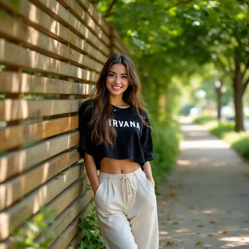 Prompt: Bathed in the soft, dappled light of a tranquil park, a young woman exudes confidence as she strikes a pose beside a wooden structure adorned with parallel slats. Sporting a cropped black shirt emblazoned with "NIRVANA," she pairs it with loose, off-white pants that complement her relaxed yet stylish demeanor. Her long hair cascades gently over her shoulders, framing a warm smile that hints at joy and ease in this serene outdoor setting. Lush greenery surrounds the pathway, punctuated by scattered leaves, while the subtle play of shadows and sunlight enhances the inviting atmosphere, showcasing a moment of leisure and self-expression amidst nature.