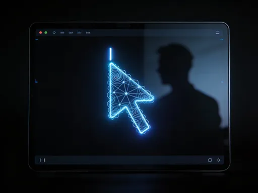 Prompt: A single blinking cursor on a dark terminal screen, but the cursor itself is made of swirling AI neural network patterns and soft blue light. The reflection on the screen shows a human silhouette. Clean, minimal, editorial style suitable for a tech blog header. Dark background, high contrast, modern.