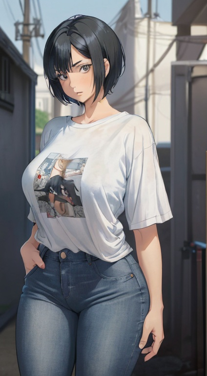 Prompt: Woman in her mid 20s, short hair, tomboy, short hair, black hair, gray eyes, big thighs, H cup size, curvy. She is wearing a white t-shirt, she is wearing tight blue jeans. She has a serious expression on her face. Anime art. 2D. Mappa art.