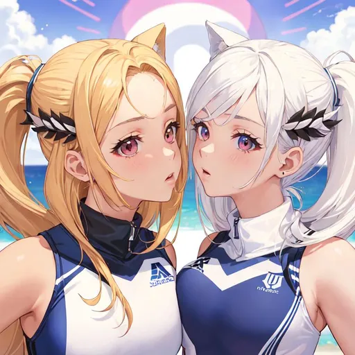 Prompt: 2 Hermanas gemelas. Imagen completa. Atletlas, uniforme de volleyball. Cabello rubio, dos coletas. Ojos morados. Una tiene piel bronceada, la otra piel blanca. Anime art. 2d. Madhouse art. Buen diseño