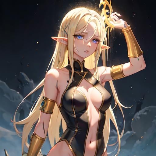 Prompt: 23 year old elf woman who is a slave with ragged clothes, she has blonde hair but it is not golden, her hair is not very long and reaches her shoulders, she has light blue eyes. She has scars all over her body and a sad look. Anime Art. 2d. Madhouse art.