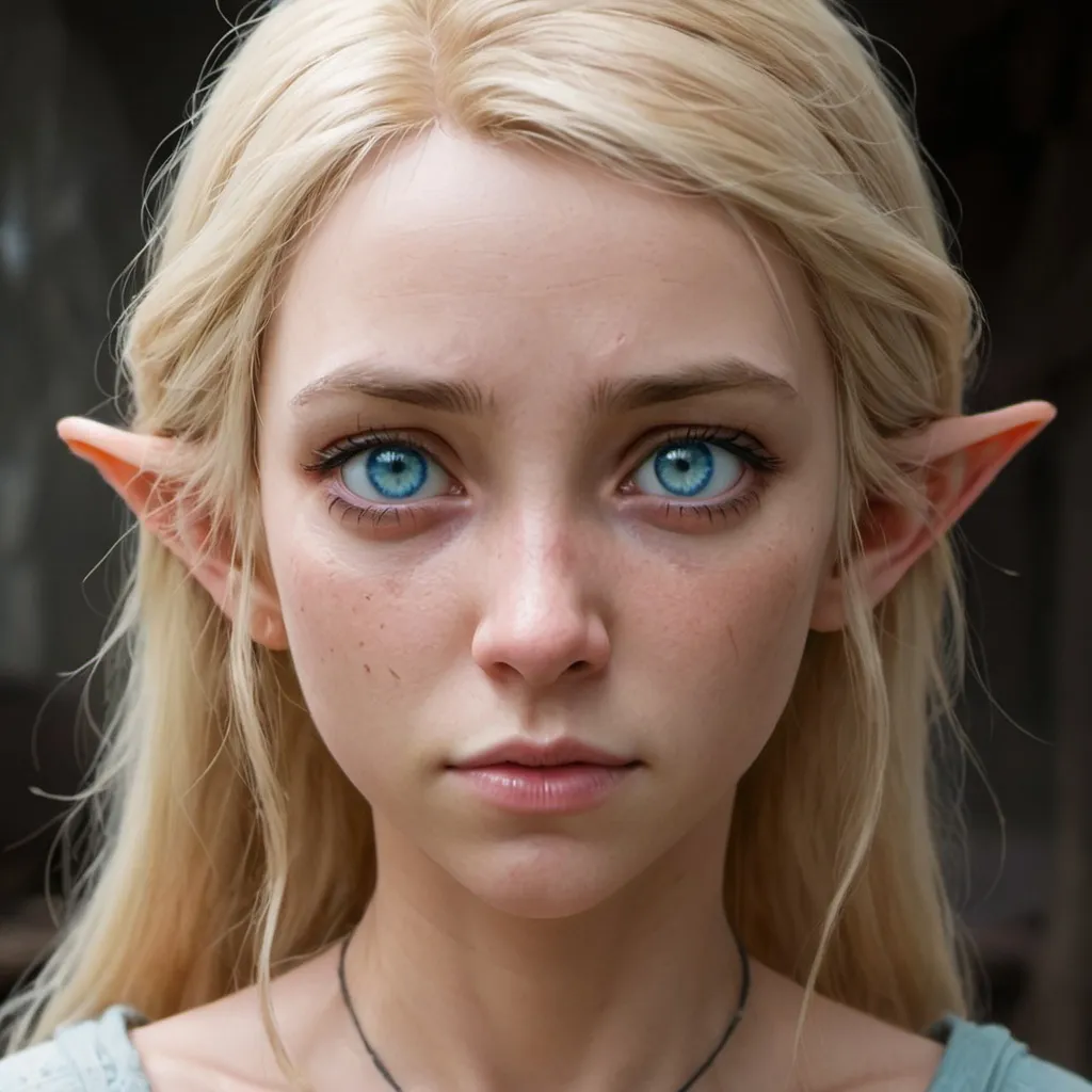 Prompt: A 23-year-old elf woman who is a slave with ragged clothes, she has blonde hair but it is not golden, her hair is not very long and reaches her shoulders, she has light blue eyes. She is ragged. She has scars all over her body, she has a sad look. Anime art. Anime. 2D. Madhouse art.