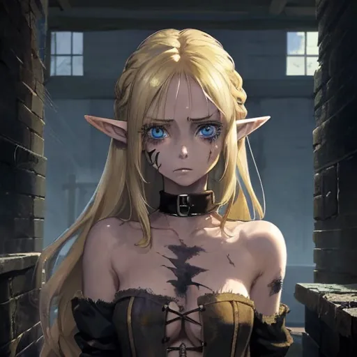 Prompt: A 23-year-old elf woman who is a slave with ragged clothes, she has blonde hair but it is not golden, her hair is not very long and reaches her shoulders, she has light blue eyes. She is ragged. She has scars all over her body, she has a sad look. Anime art. Anime. 2D. Madhouse art.