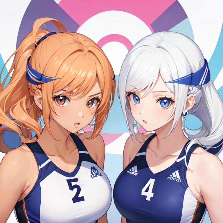 Prompt: 2 Hermanas gemelas. Imagen completa. Atletlas, uniforme de volleyball. Cabello rubio, dos coletas. Una tiene piel bronceada. Anime art. 2d. Madhouse art. Buen diseño