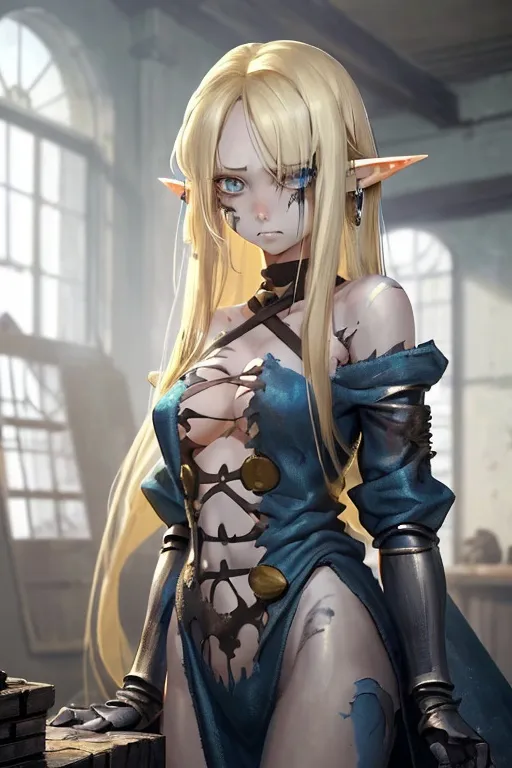 Prompt: A 23-year-old elf woman who is a slave with ragged clothes, she has blonde hair but it is not golden, her hair is not very long and reaches her shoulders, she has blue eyes. She is ragged. She has scars all over her body, she has a sad look. Anime art. Anime. 2D. Madhouse art.