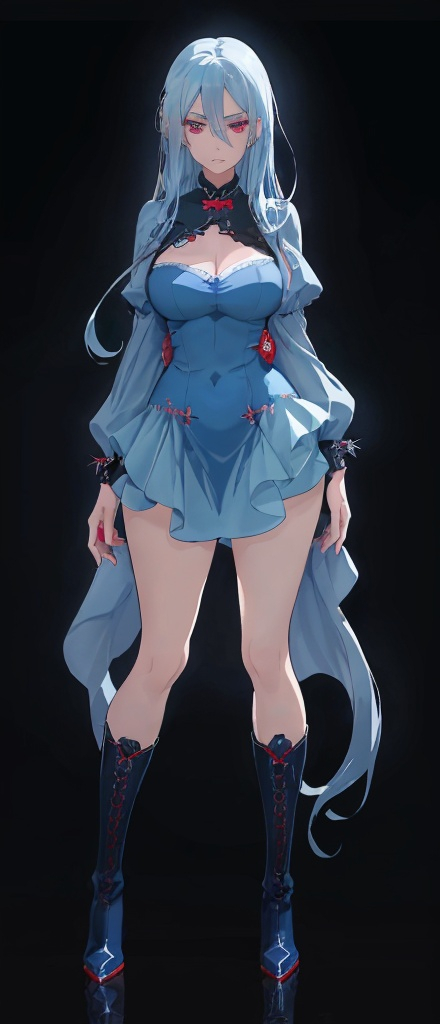 Prompt: A 30-year-old woman has pale blue hair, her hair is long, she has red eyes. She is beautiful. She has big thighs, she is curvy, milf, she has a serious expression. She wears a blue dress, she has black boots. Jingliu. This is Jingliu from Honkai Star Rail. Honkai Star Rail. Animated art. Anime. 2D. Madhouse art.