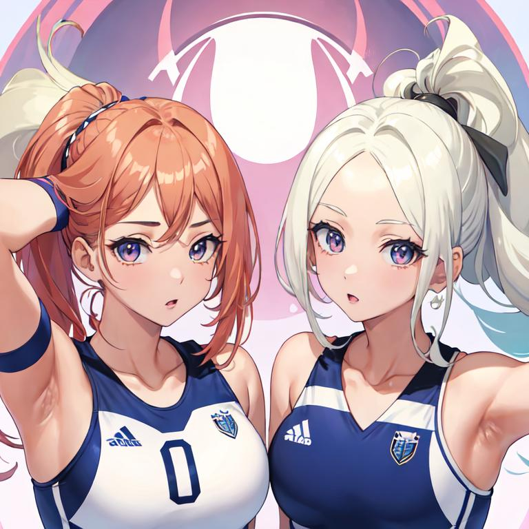 Prompt: 2 Hermanas gemelas. Imagen completa. Atletlas, uniforme de volleyball. Cabello rubio, ambas tienen cabello rubio, dos coletas. Ojos morados. Una tiene piel bronceada, la otra piel blanca. Anime art. 2d. Madhouse art. Buen diseño