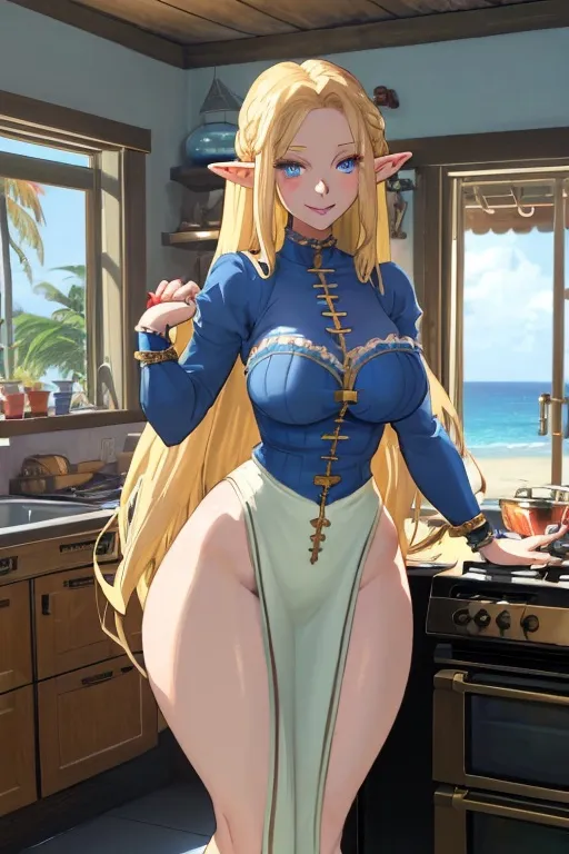 Prompt: A 30 year old elf woman who is a housewife, she is a wife, she has blonde hair but it is not golden, her hair is long, she has blue eyes. She is beautiful. She has big thighs, she is curvy, milf, she has a loving smile. She has a beach clothes. She is in a kitchen of a house. Animated art. Anime. 2D. Madhouse art.