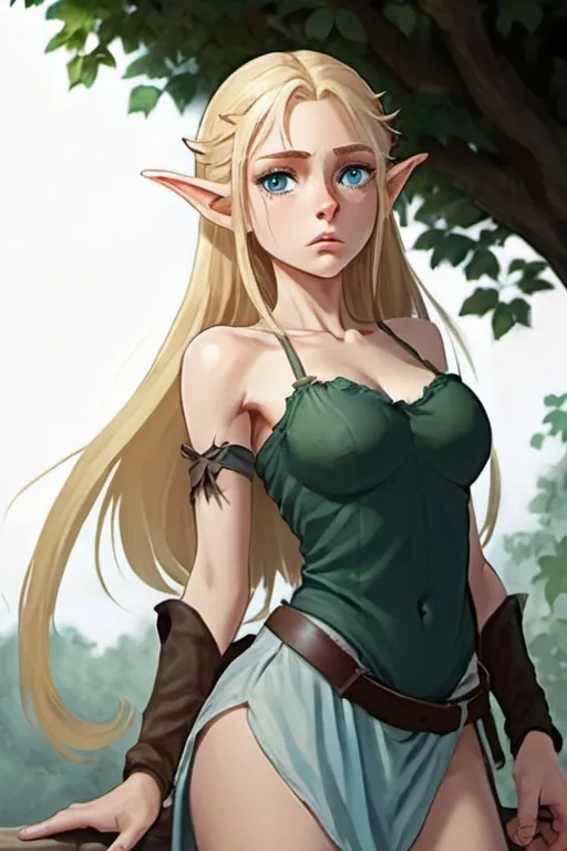 Prompt: A 23-year-old elf woman who is a slave with ragged clothes, she has blonde hair but it is not golden, her hair is not very long and reaches her shoulders, she has light blue eyes. She is ragged. She has scars all over her body, she has a sad look. Anime art. Anime. 2D. Madhouse art.