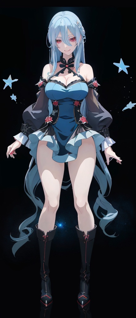 Prompt: A 30-year-old woman has pale blue hair, her hair is long, she has red eyes. She is beautiful. She has big thighs, she is curvy, milf, she has a loving smile. She wears a blue dress, she has black boots. Jingliu. This is Jingliu from Honkai Star Rail. Honkai Star Rail. Animated art. Anime. 2D. Madhouse art.