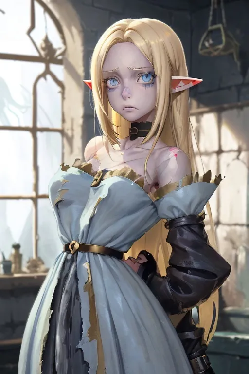 Prompt: A 23-year-old elf woman who is a slave with ragged clothes, she has blonde hair but it is not golden, her hair is not very long, her hair reaches her shoulders, she has light blue eyes. She has scars all over her body, she has a sad look. Animated art. Anime. 2D. Madhouse art.